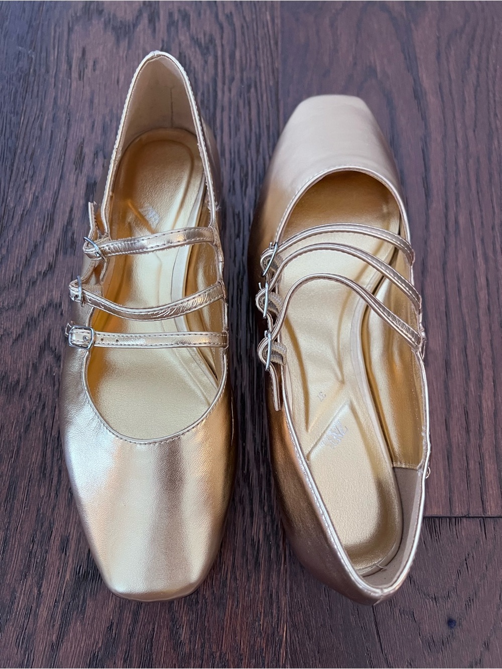 Zara Gold Three Strap Mary Jane Flats Size 37 (US 7) EUC